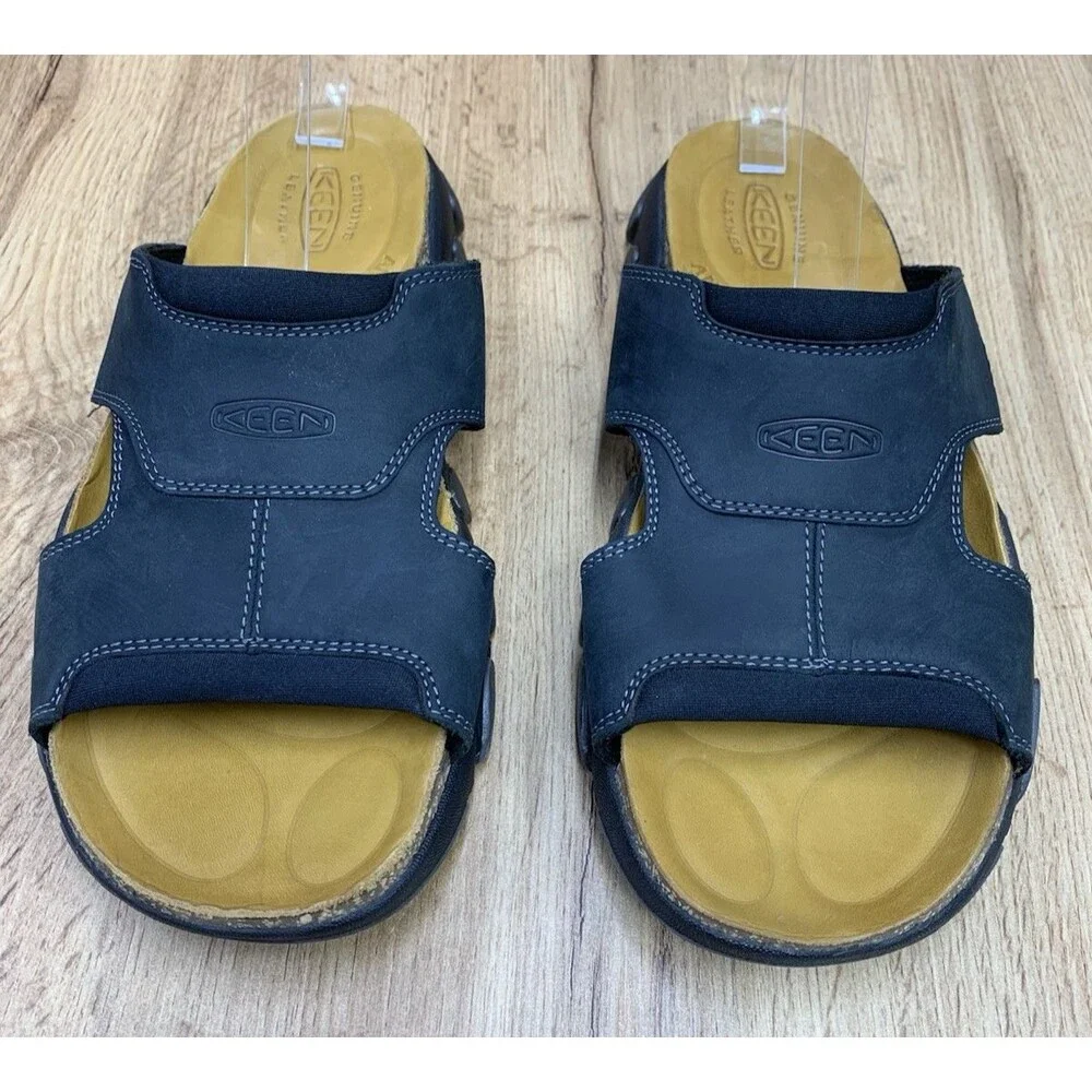 KEEN Men's 9 Black Leather Slide Sandals Anatomical Footbed Comfort 1017282